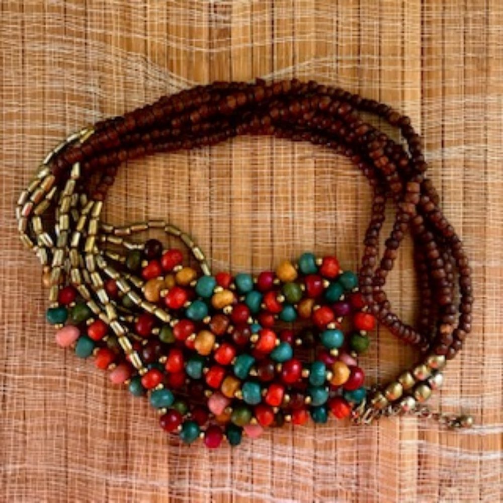 Vintage multicolor multi-strand wood bead necklace